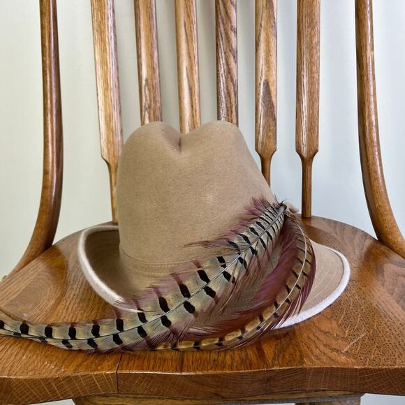 Mr John Womens Vintage Wool Fedora Hat Homburg Hat Feathers Small Brim Tan Cream - Picture 4 of 15